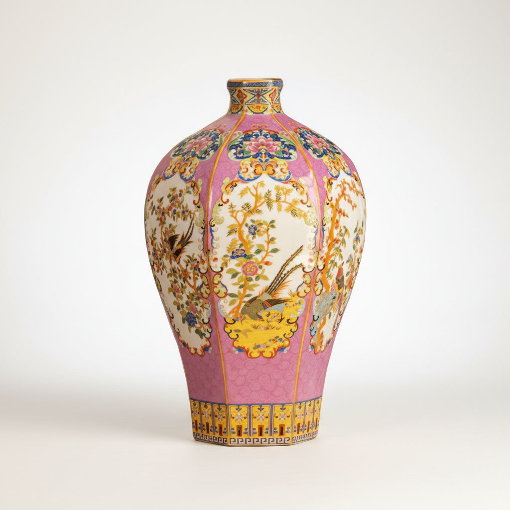 Full profile view of hexagonal pink porcelain vase