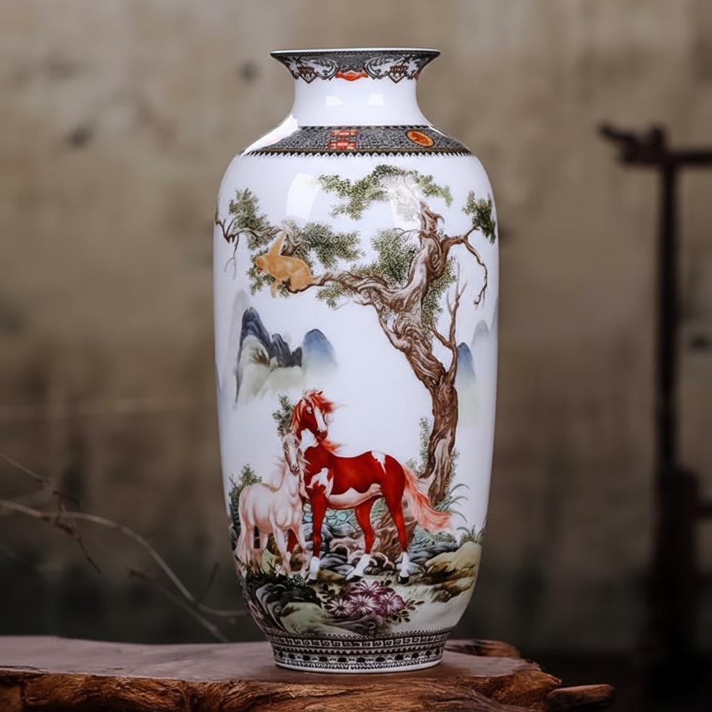 Front view of hand-painted porcelain vase featuring horse and pine tree landscape
