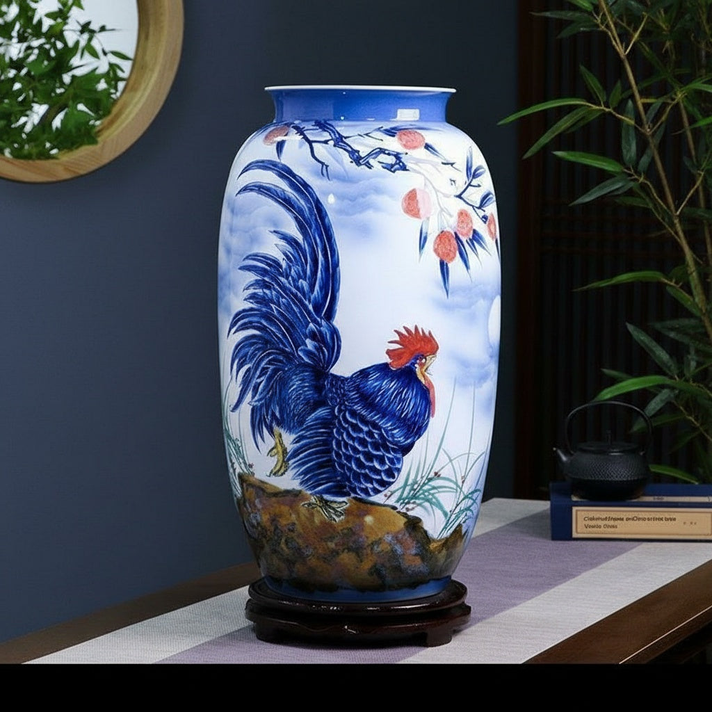 Front view of hand-painted porcelain vase with rooster motif on table