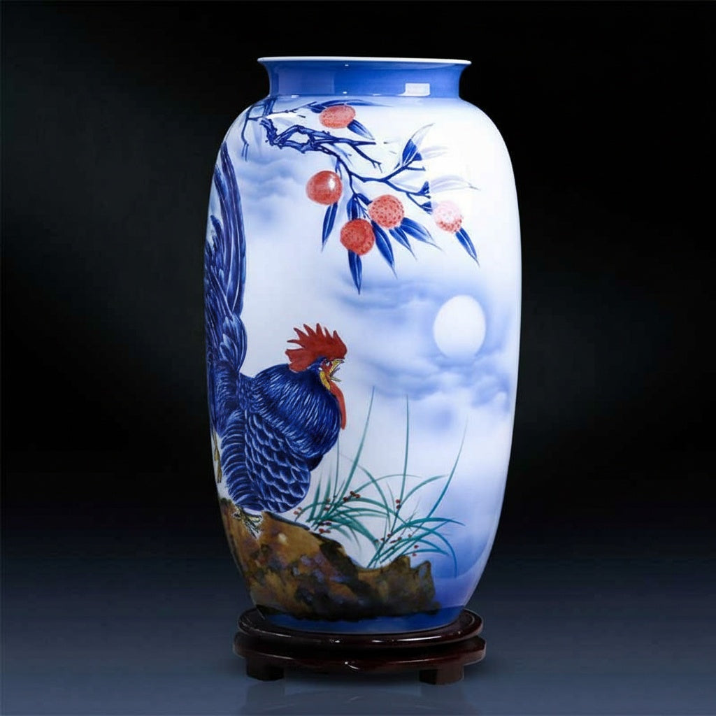 Studio shot of porcelain rooster and fruit vase against dark background