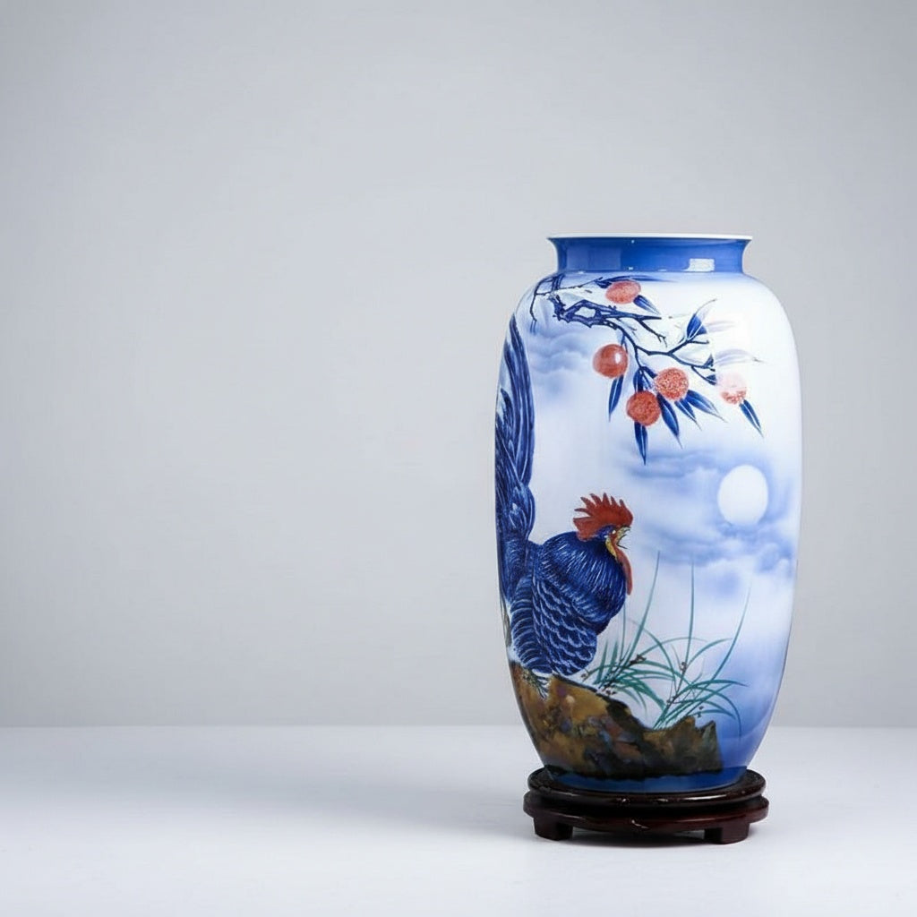 Full view of blue and white ceramic rooster vase on white background
