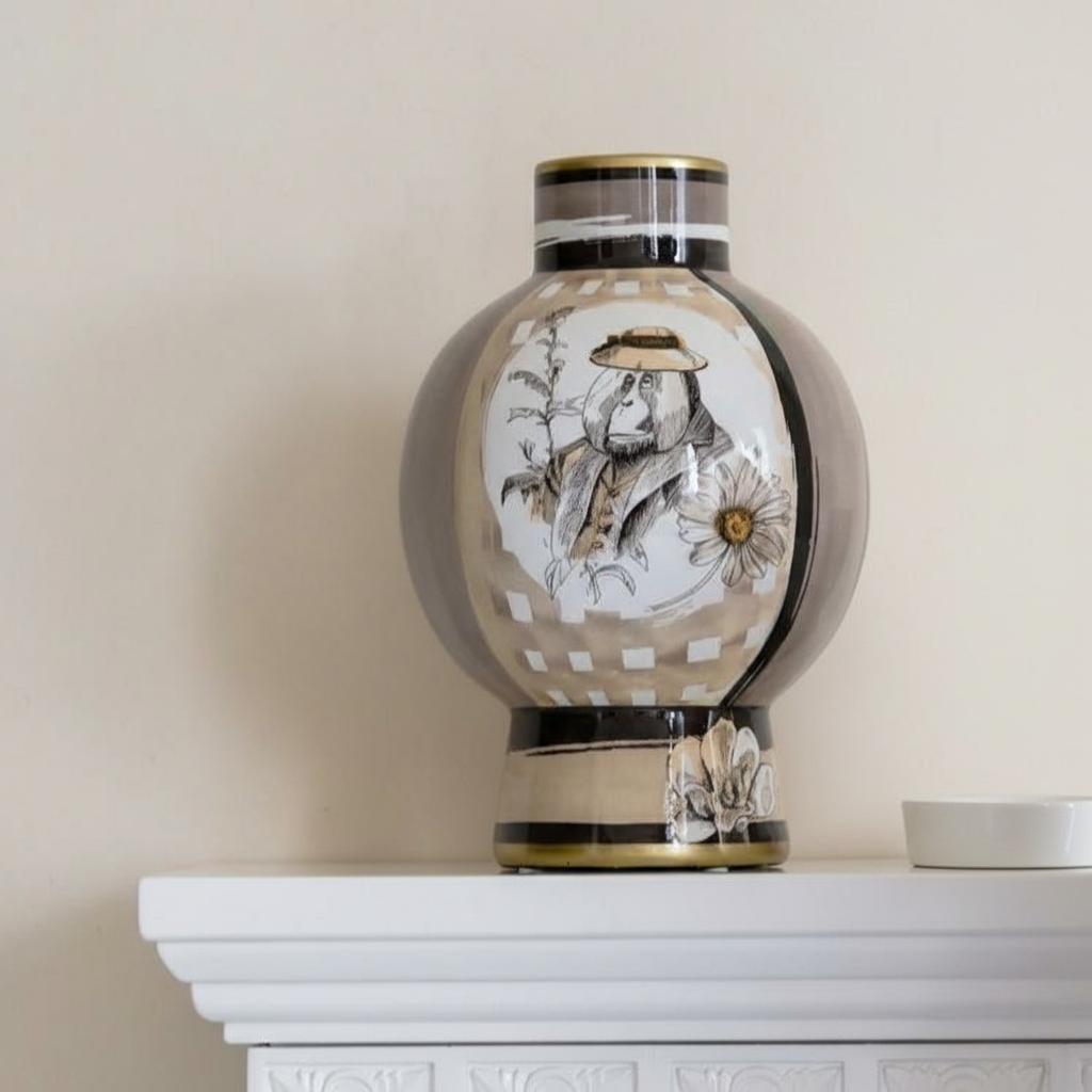 Front view of porcelain vase featuring orangutan illustration