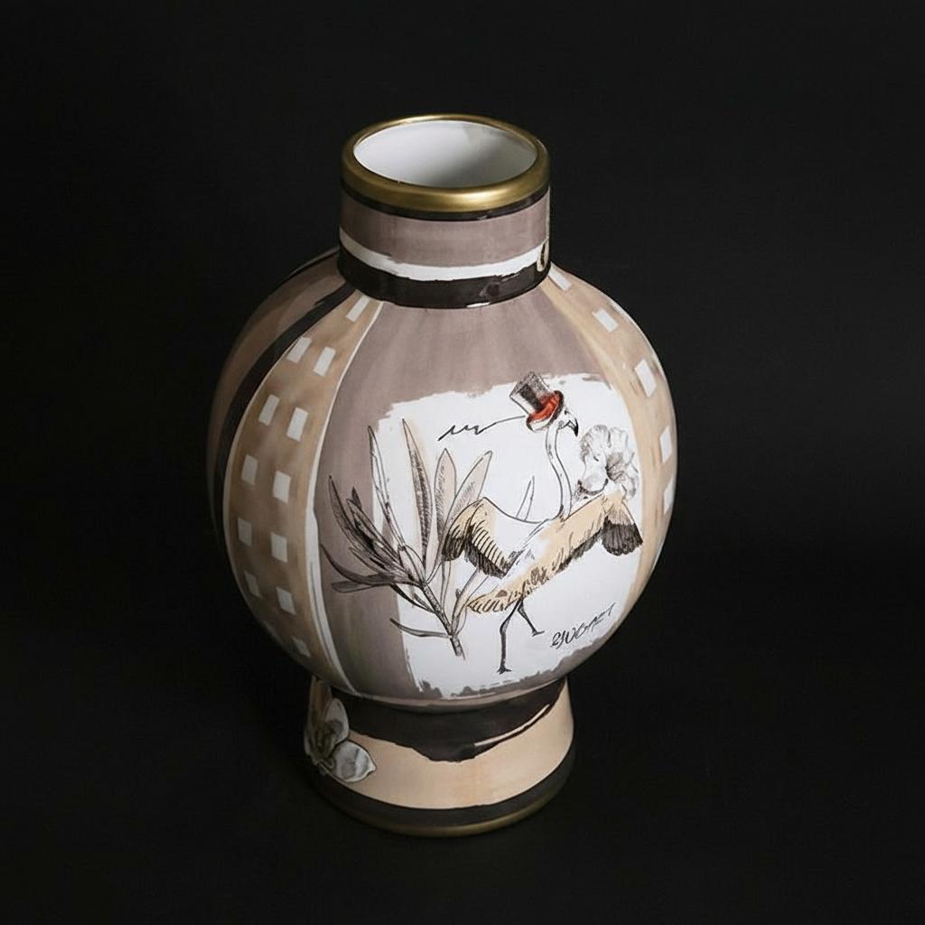 Back view of porcelain vase featuring flamingo illustration