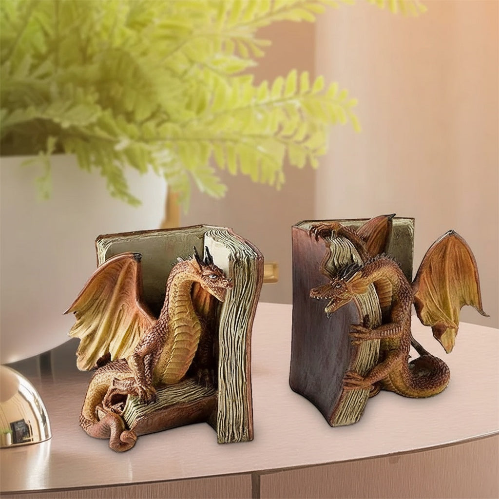 Front view of twin dragon bookends on table