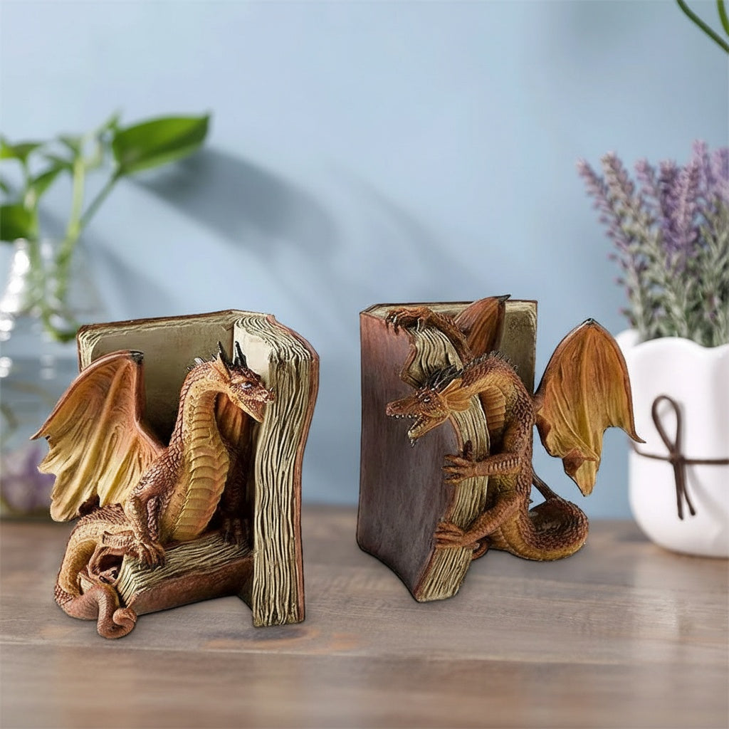 Dragon bookends holding books on wooden shelf