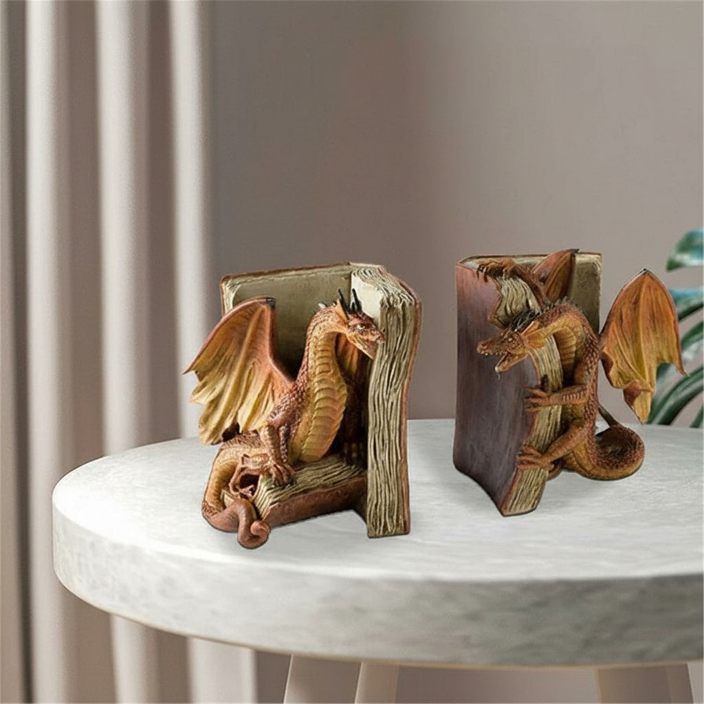 Side view of dragon bookends on display table