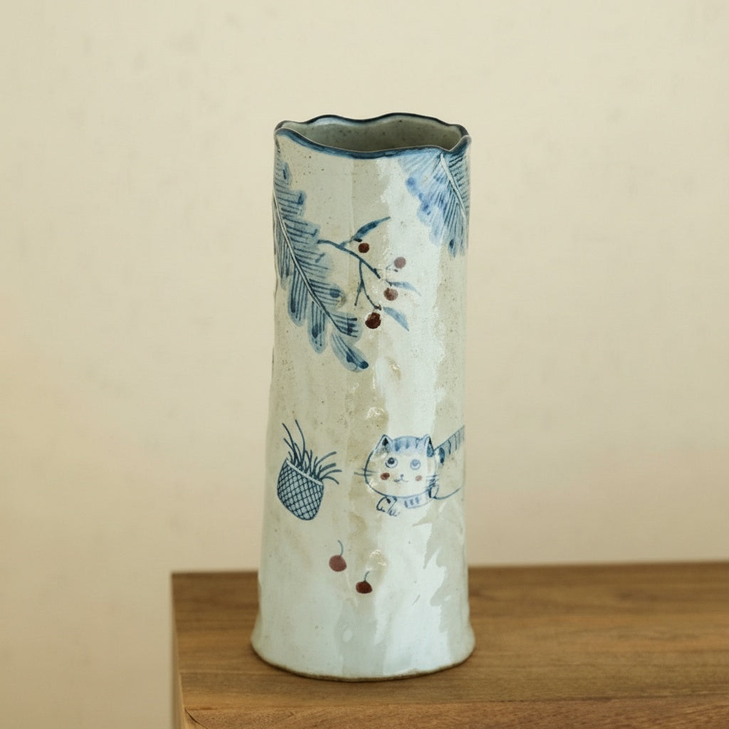 Front view of tall ceramic mug with hand painted cat and leaves