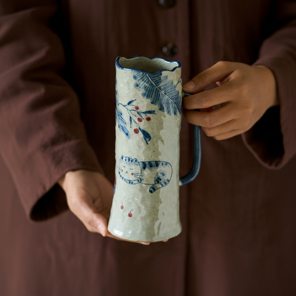 Person holding the textured stoneware mug by the handle showing scale