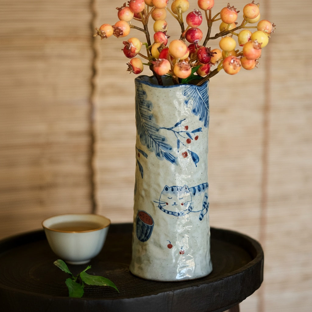 Stoneware mug being used as a vase with flowers next to a tea cup