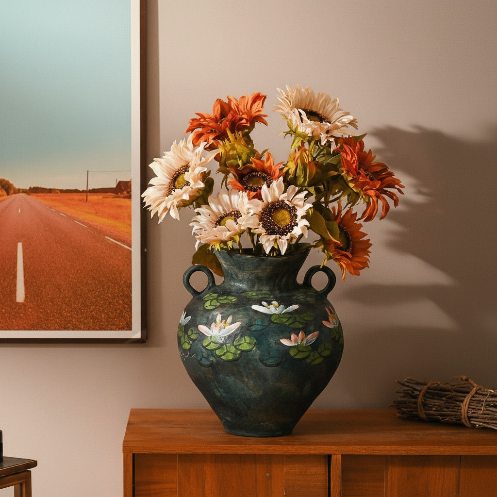 Front view of hand-painted floral vase with sunflowers