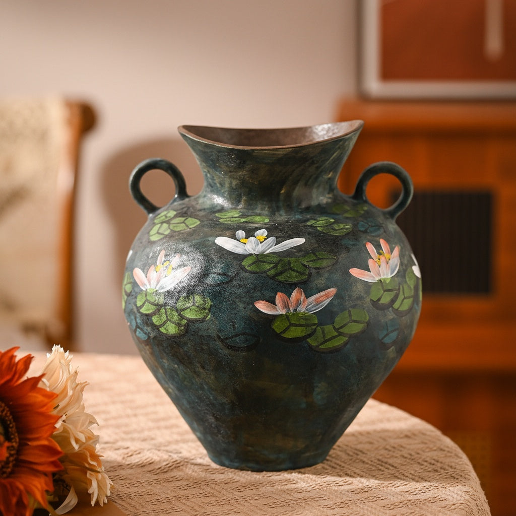 Close up of textured blue vase with water lily art