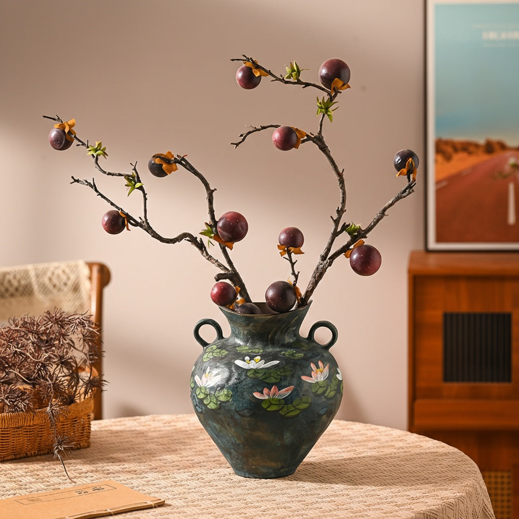 Styled ceramic vase with berry branches