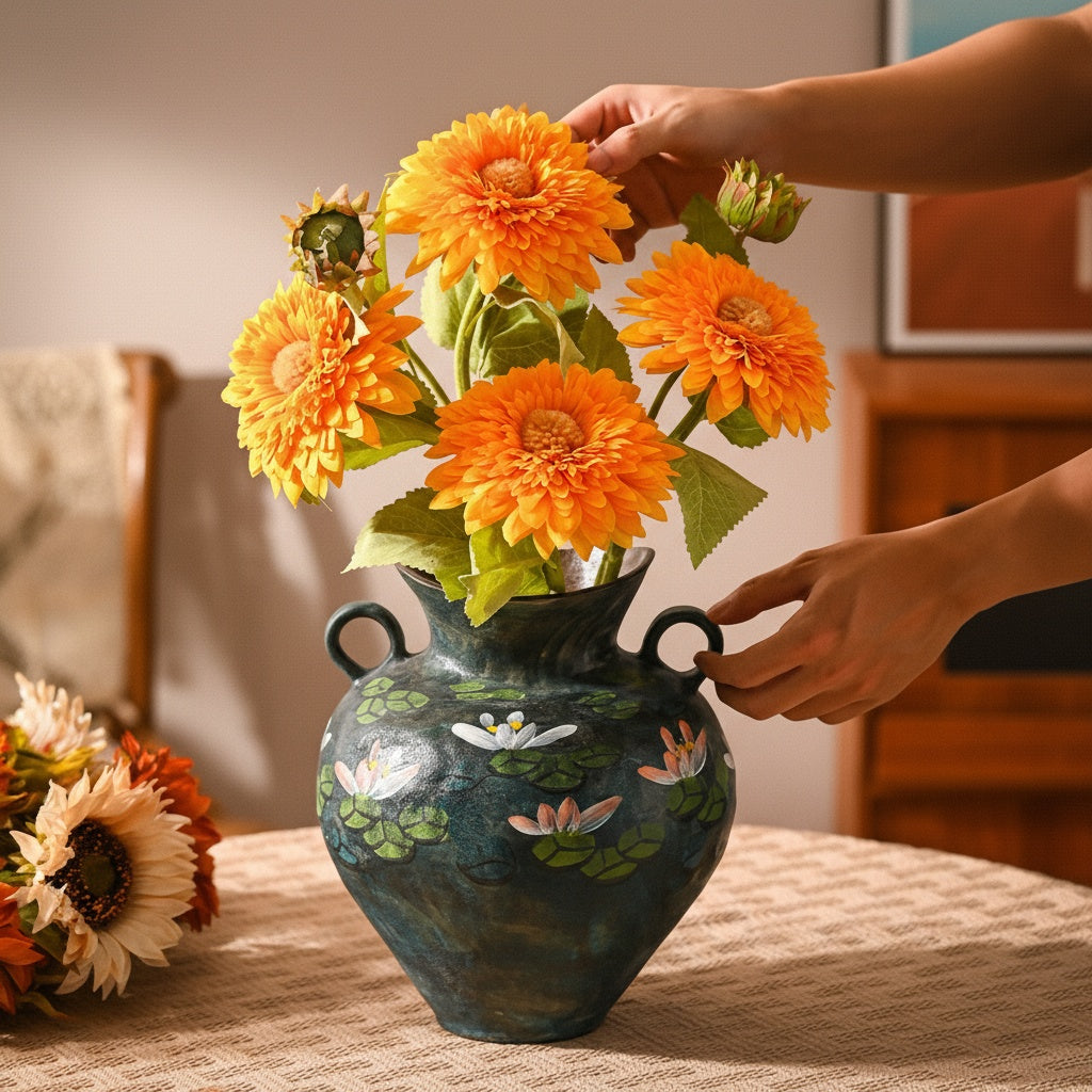 Hand arranging flowers in blue ceramic vase