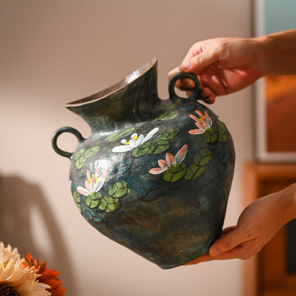Hands holding the ceramic amphora vase