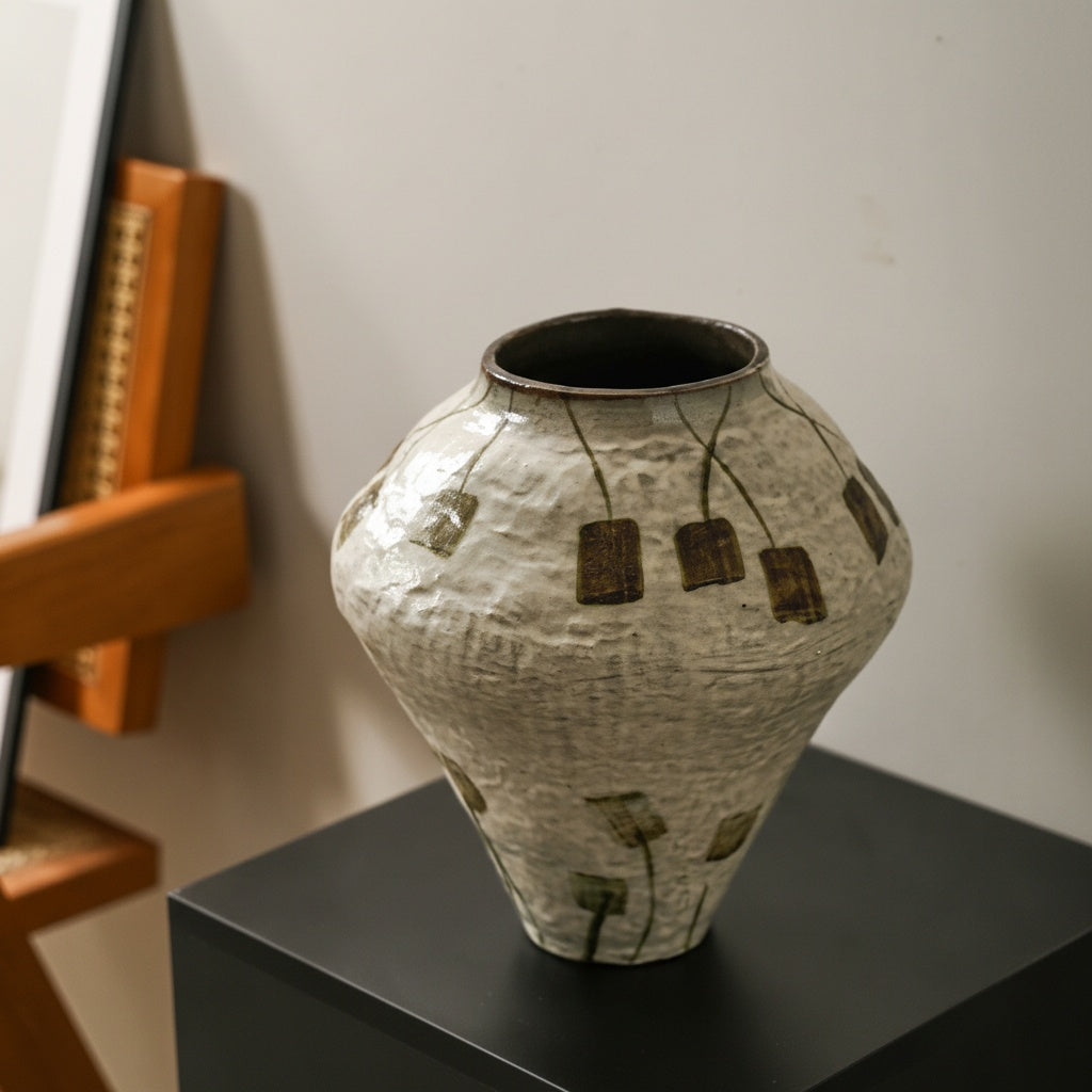 High angle view of tapered stoneware vase showing rim detail