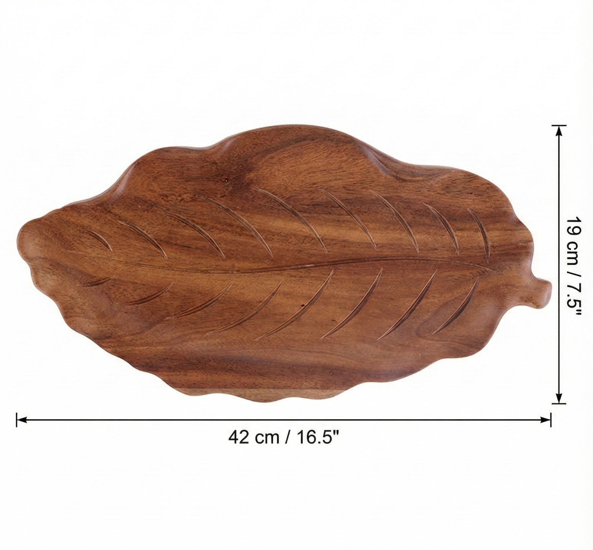 Dimension guide for wooden leaf tray showing 42 cm width and 19 cm height