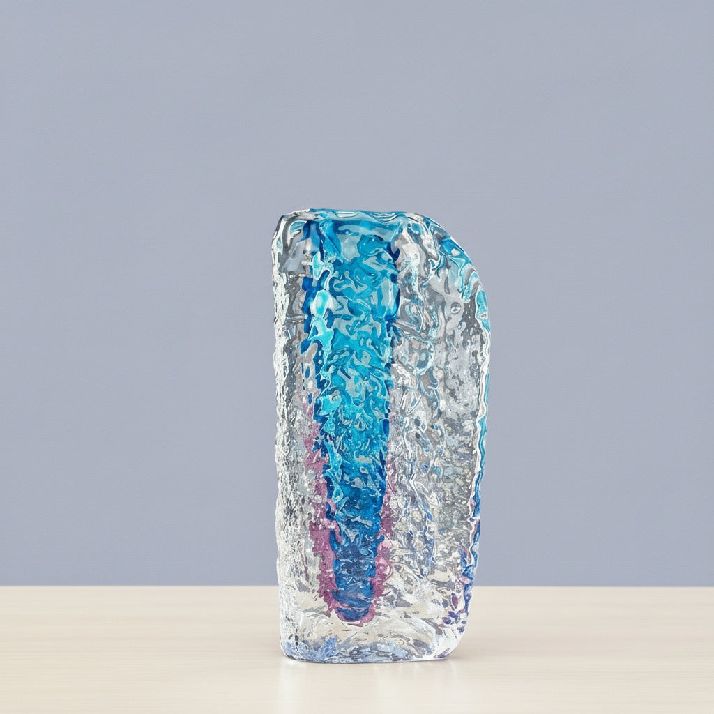 Front view of rectangular art glass vase with blue to purple gradient