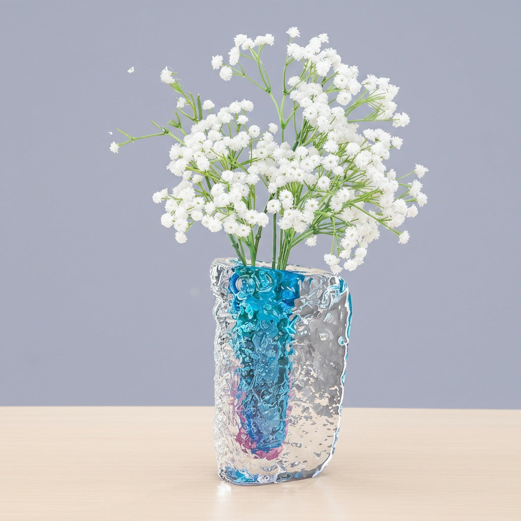 Medium size textured glass vase with white flowers against grey background