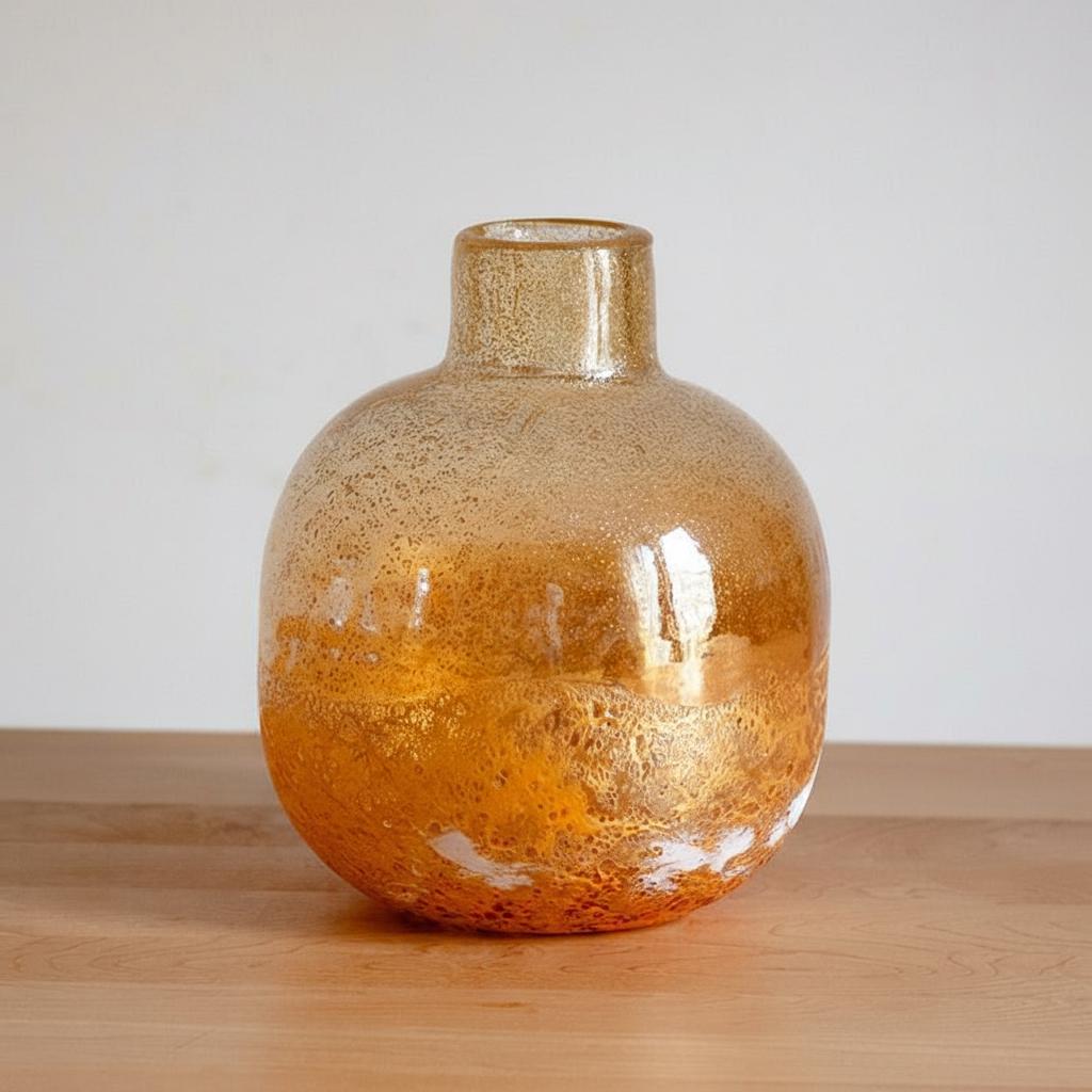 Studio shot of empty iridescent amber glass round vase