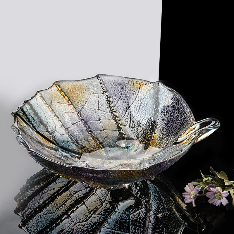 Iridescent leaf shaped glass fruit bowl side view