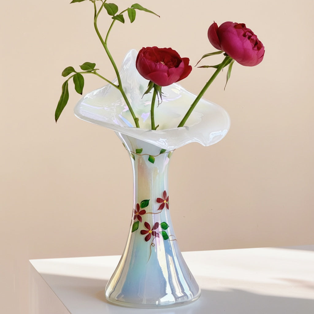 Iridescent glass vase with hand painted flowers and ruffled rim
