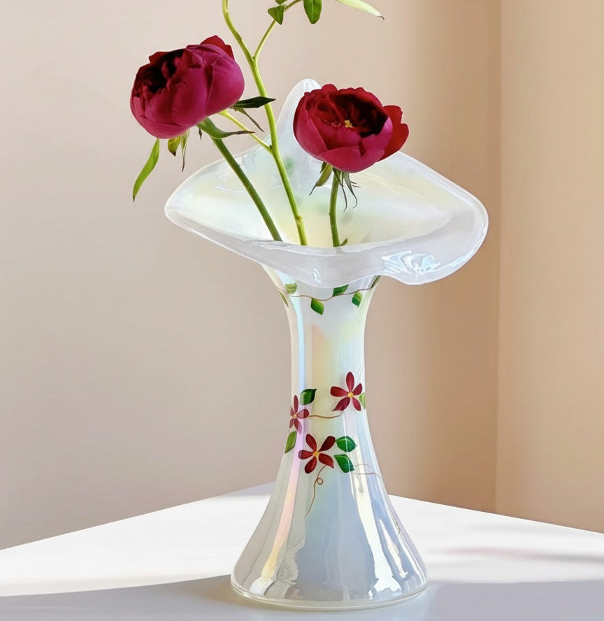 Hand painted red flowers on pearlescent glass vase
