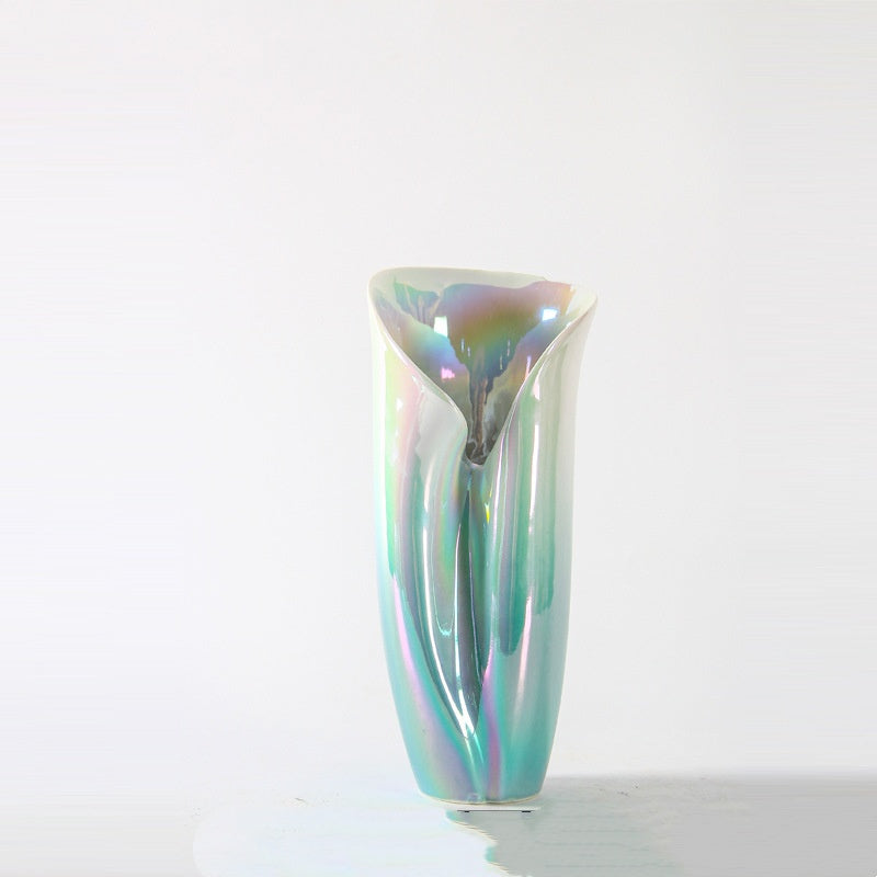 Front view of large iridescent porcelain vase