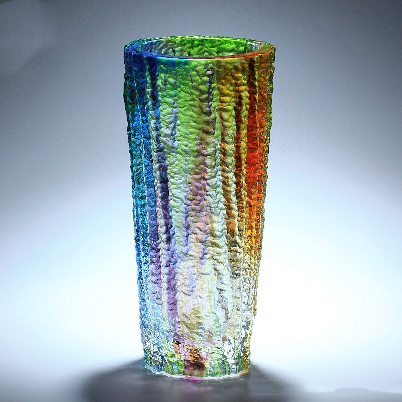 Full view of multicolor glazed glass cylindrical vase