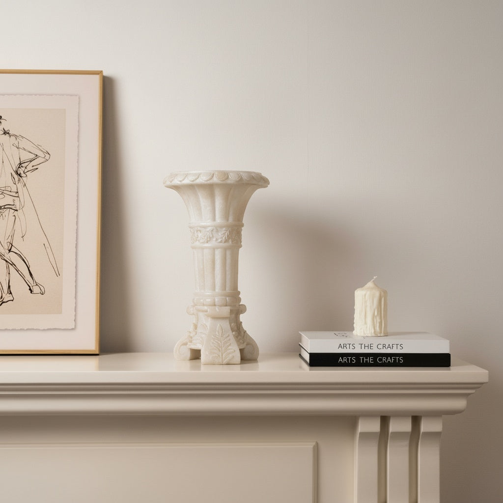 Ivory Carved Stone Pedestal Vase on mantelpiece