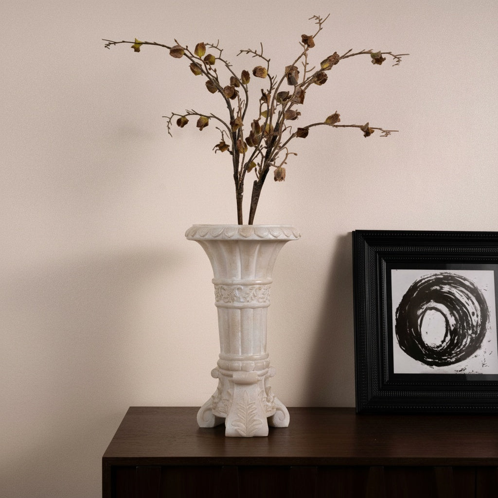Ivory Carved Stone Pedestal Vase styled with artwork