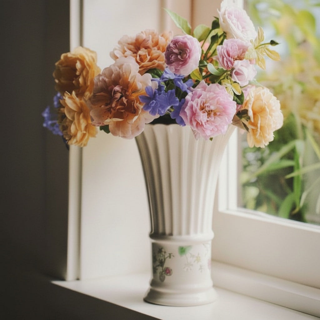 Ivory Ceramic Fluted Floral Vase with flowers on a windowsill