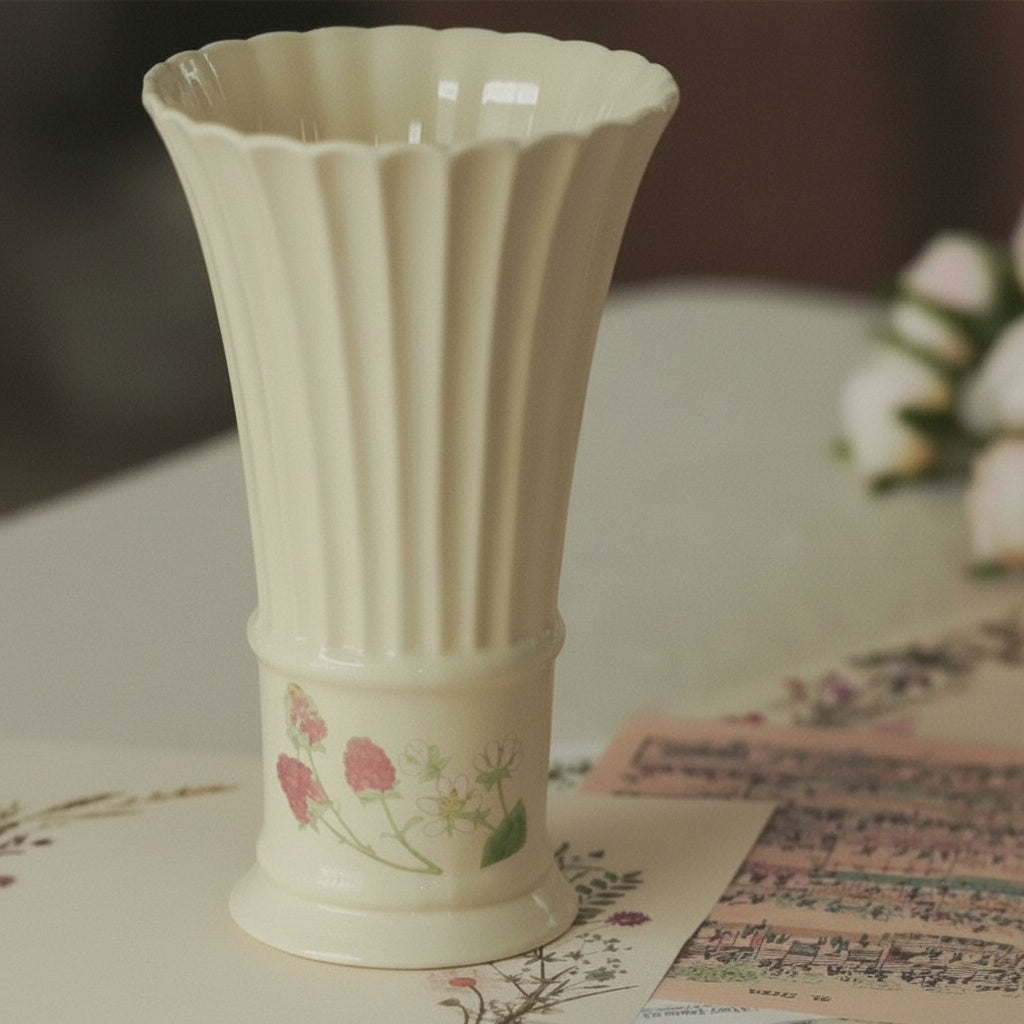 Close up of Ivory Ceramic Fluted Floral Vase showing botanical details