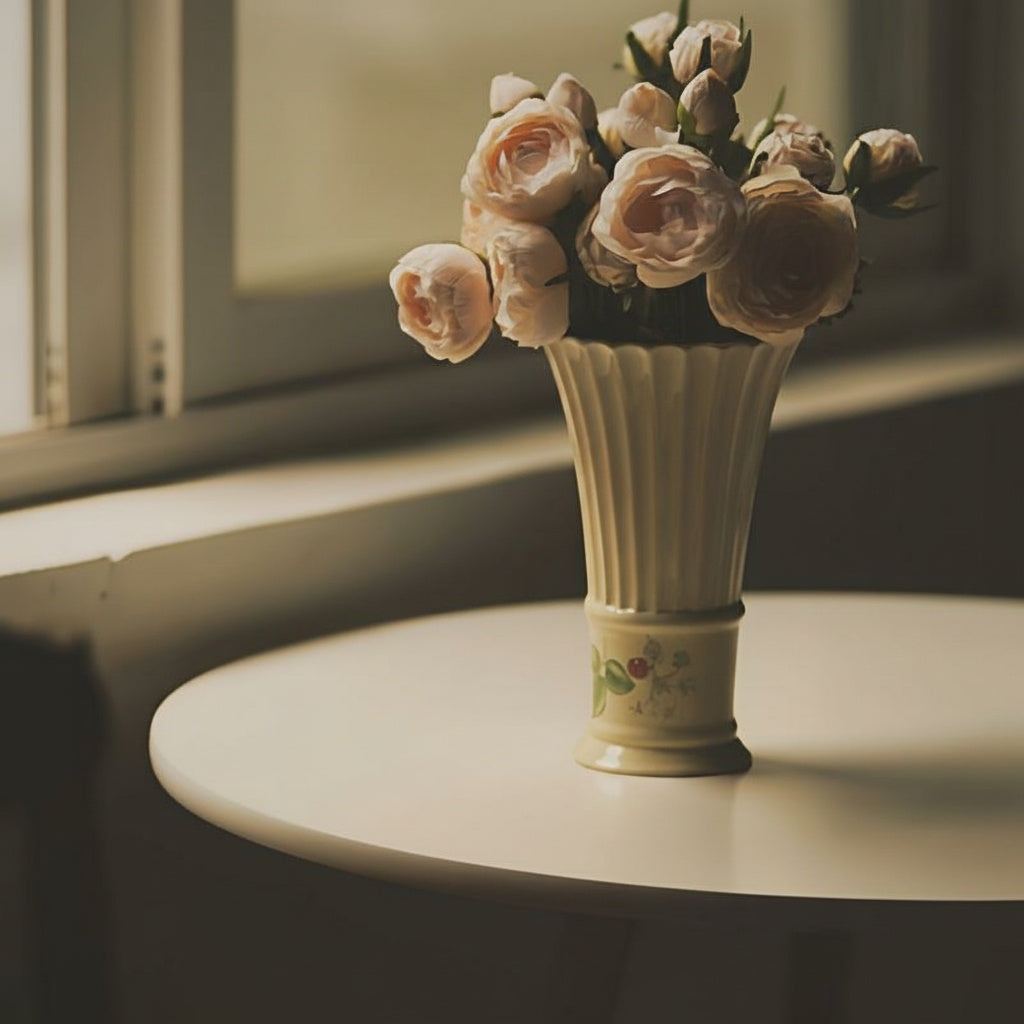 Ivory Ceramic Fluted Floral Vase styled on a round table