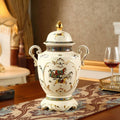 Ivory porcelain jar with horse motif and gold lid