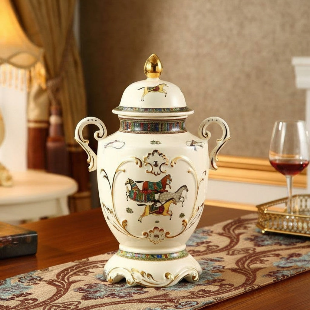 Ivory porcelain jar with horse motif and gold lid
