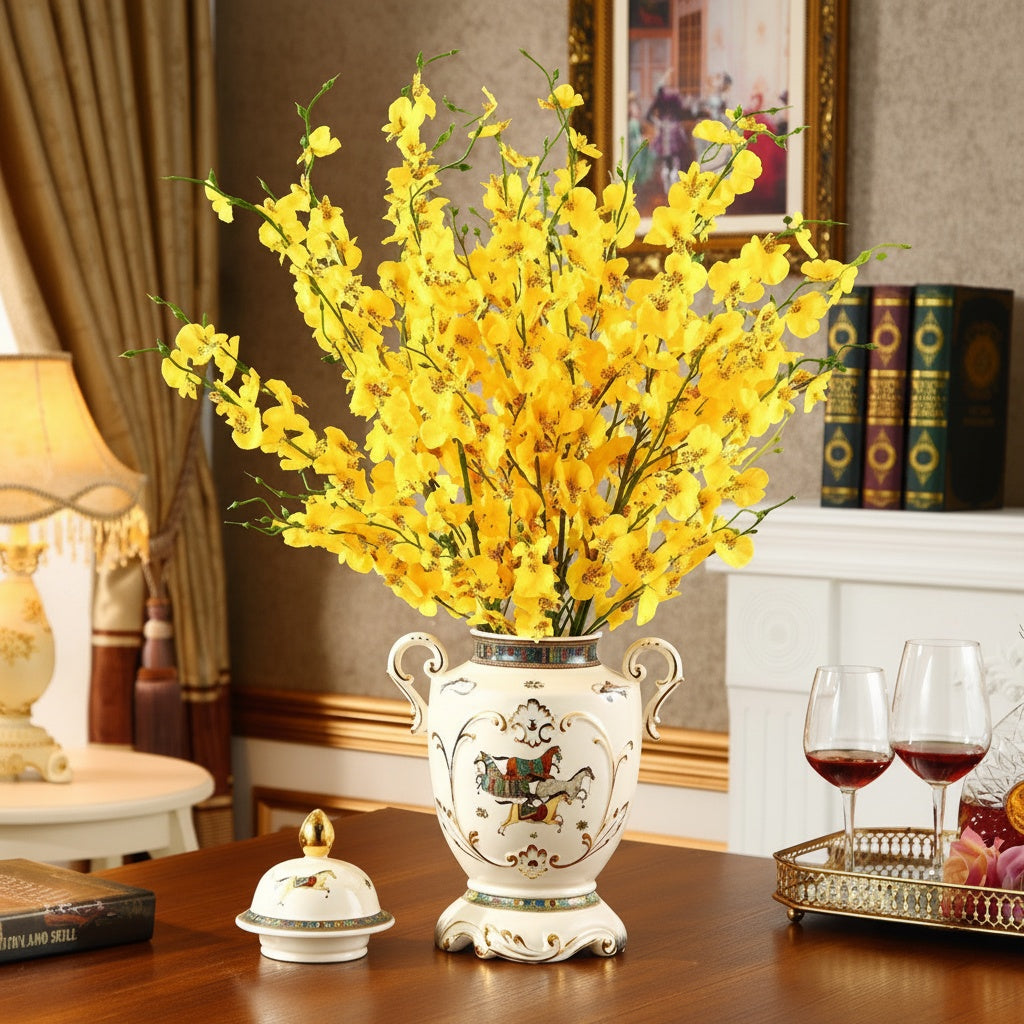 Ivory porcelain jar used as a vase with yellow flowers
