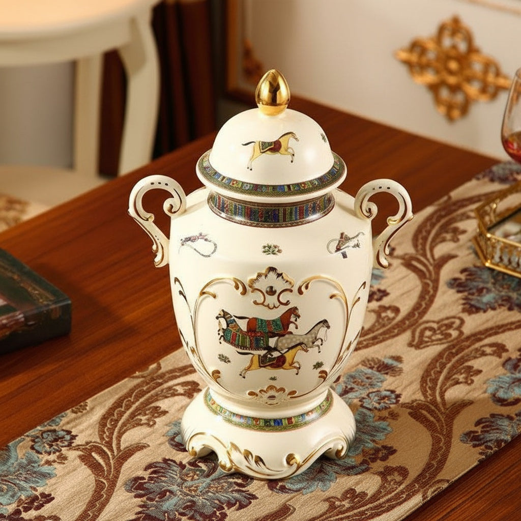 Angled view of ivory porcelain equestrian jar