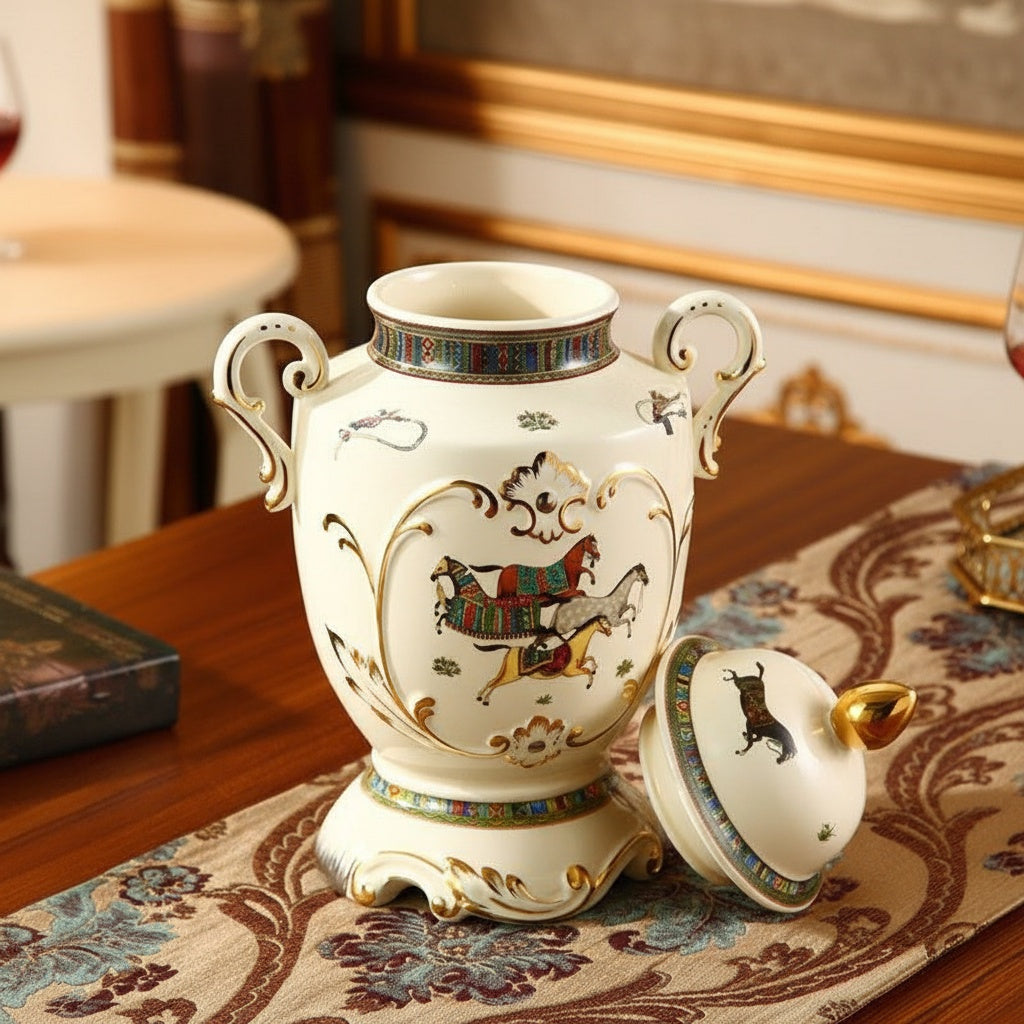 Ivory porcelain jar with lid removed resting beside it