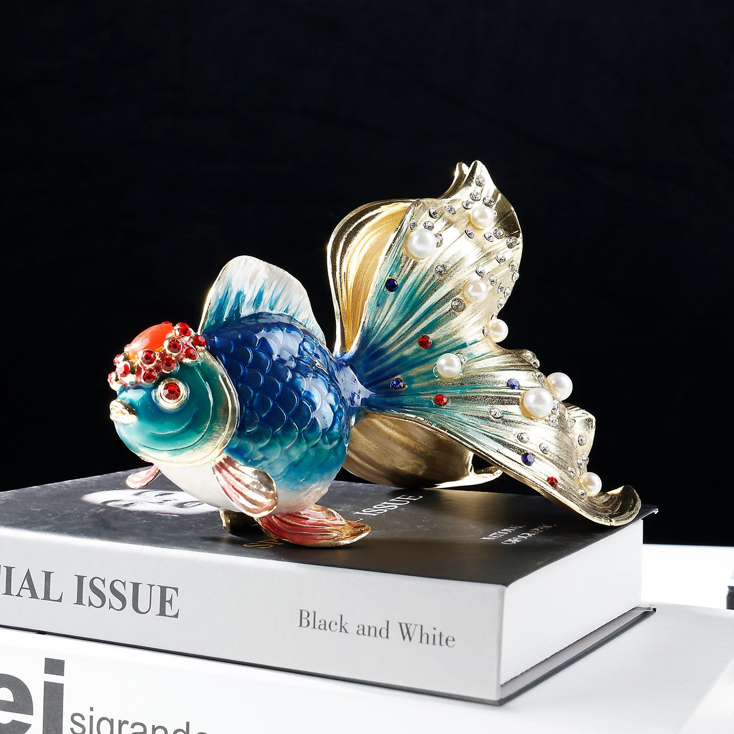Blue enamel goldfish figurine front view with crystal details