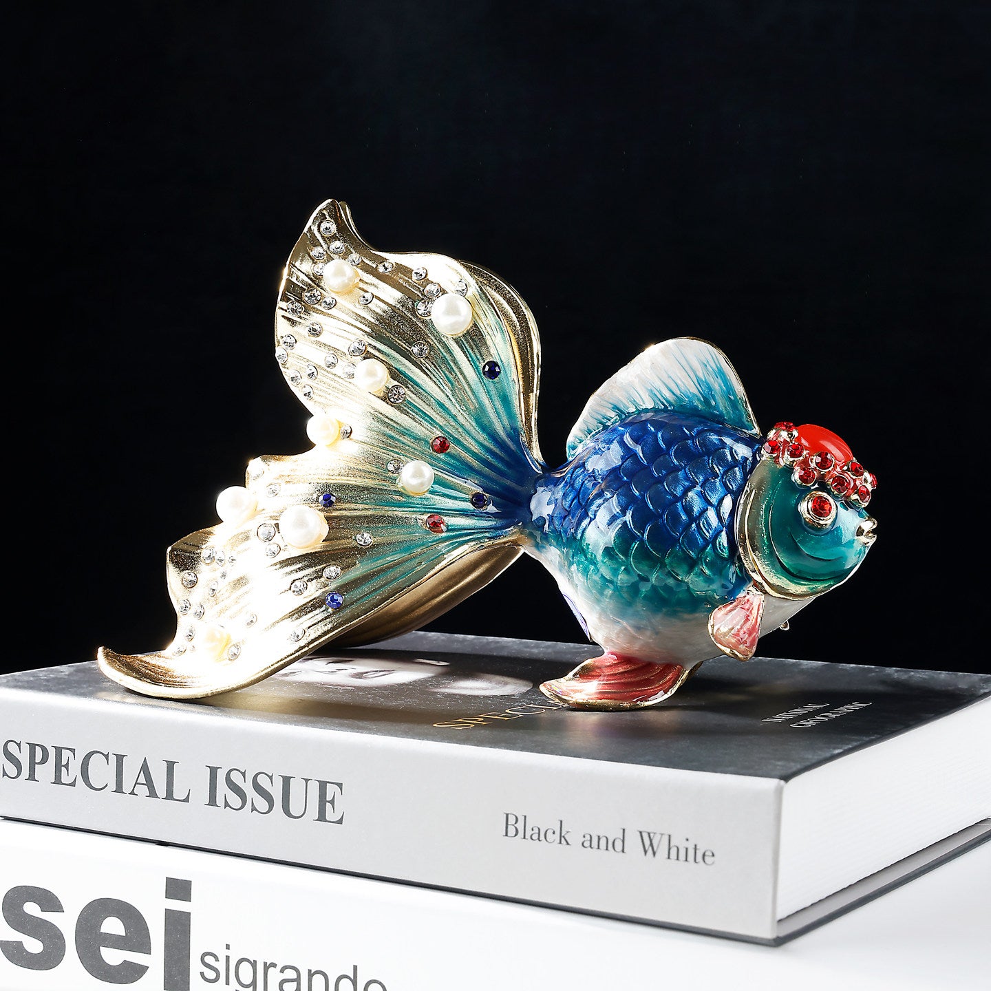 Blue enamel goldfish figurine back view showing pearl accents