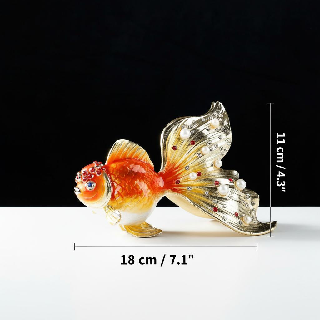 Red and gold enamel goldfish figurine back view