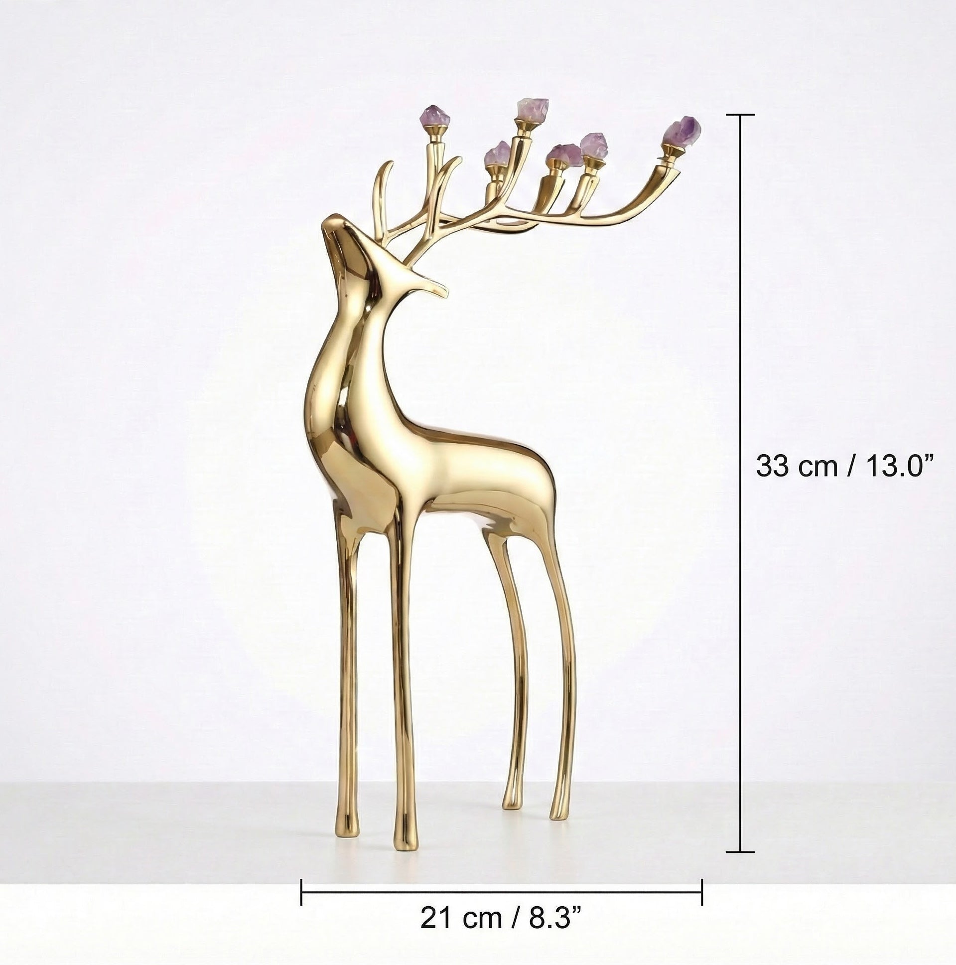 Dimension diagram of the large copper deer statue showing height 33cm and width 21cm