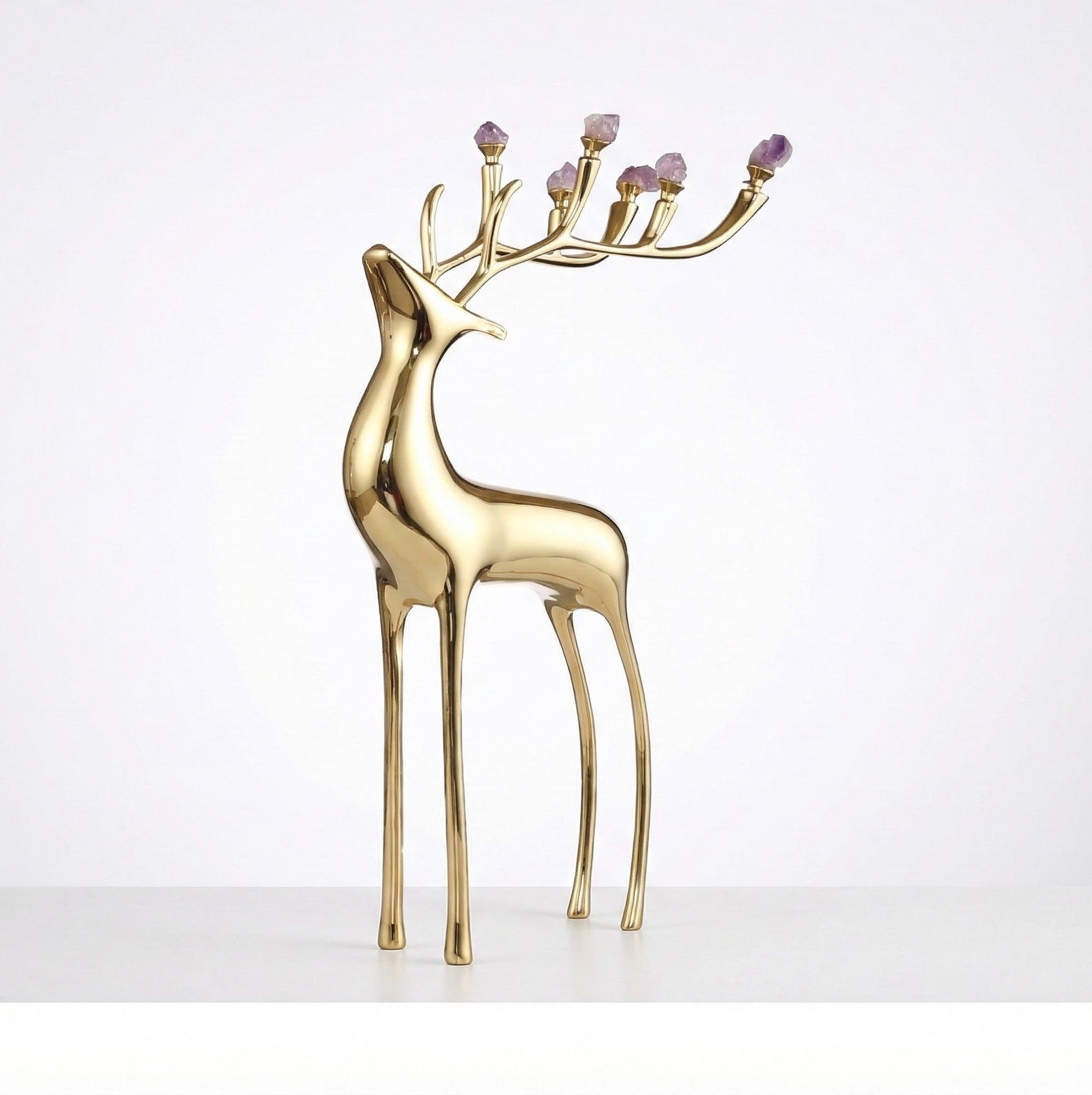 Detailed shot of large copper reindeer figurine highlighting raw amethyst clusters on antlers