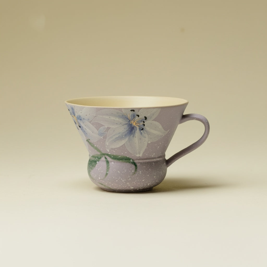 Lavender floral ceramic teacup with flared rim