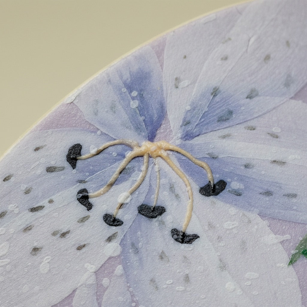 Close up of tactile raised lily floral design on teacup
