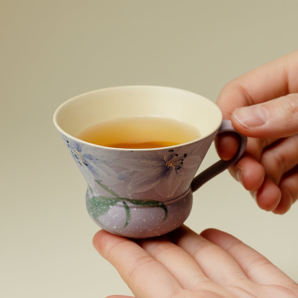 Hands holding lavender ceramic teacup filled with tea