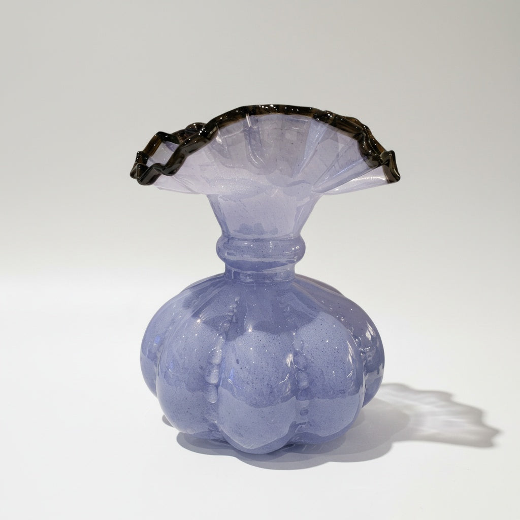 Lavender glass vase with ruffled rim front view