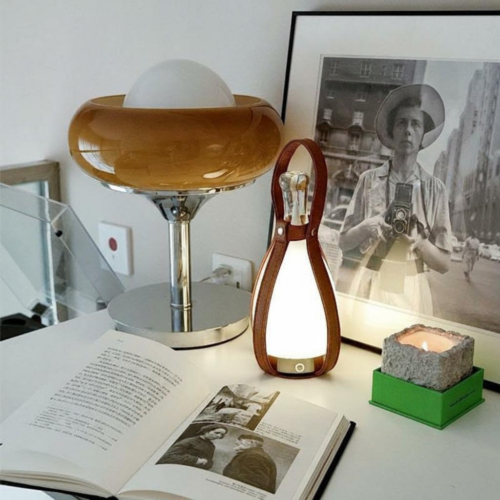 Leather portable lantern lamp on desk with books