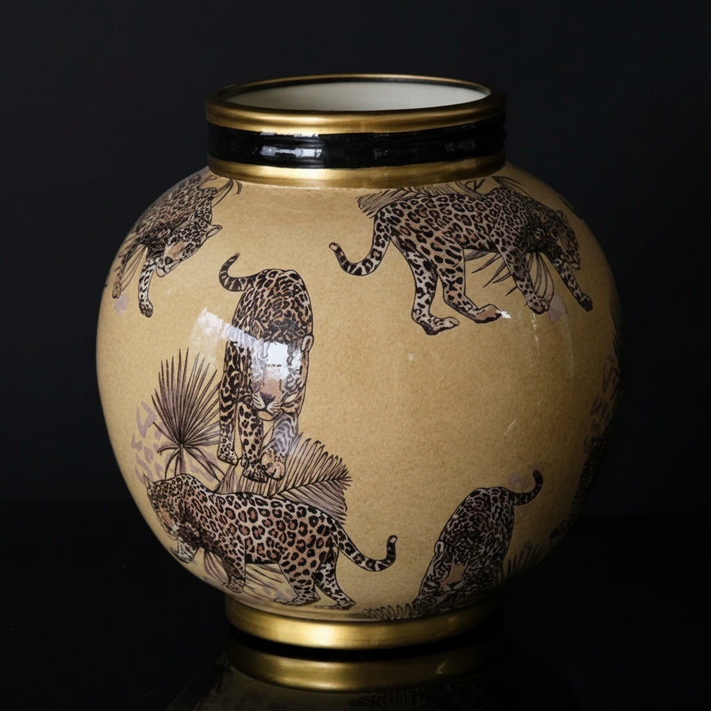 Front view of leopard print ceramic round vase with gold rim