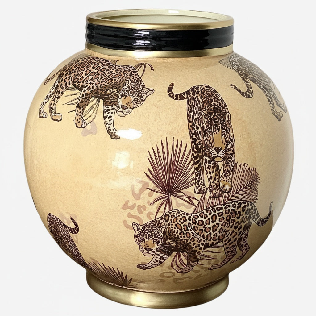 Full view of leopard print vase on white background